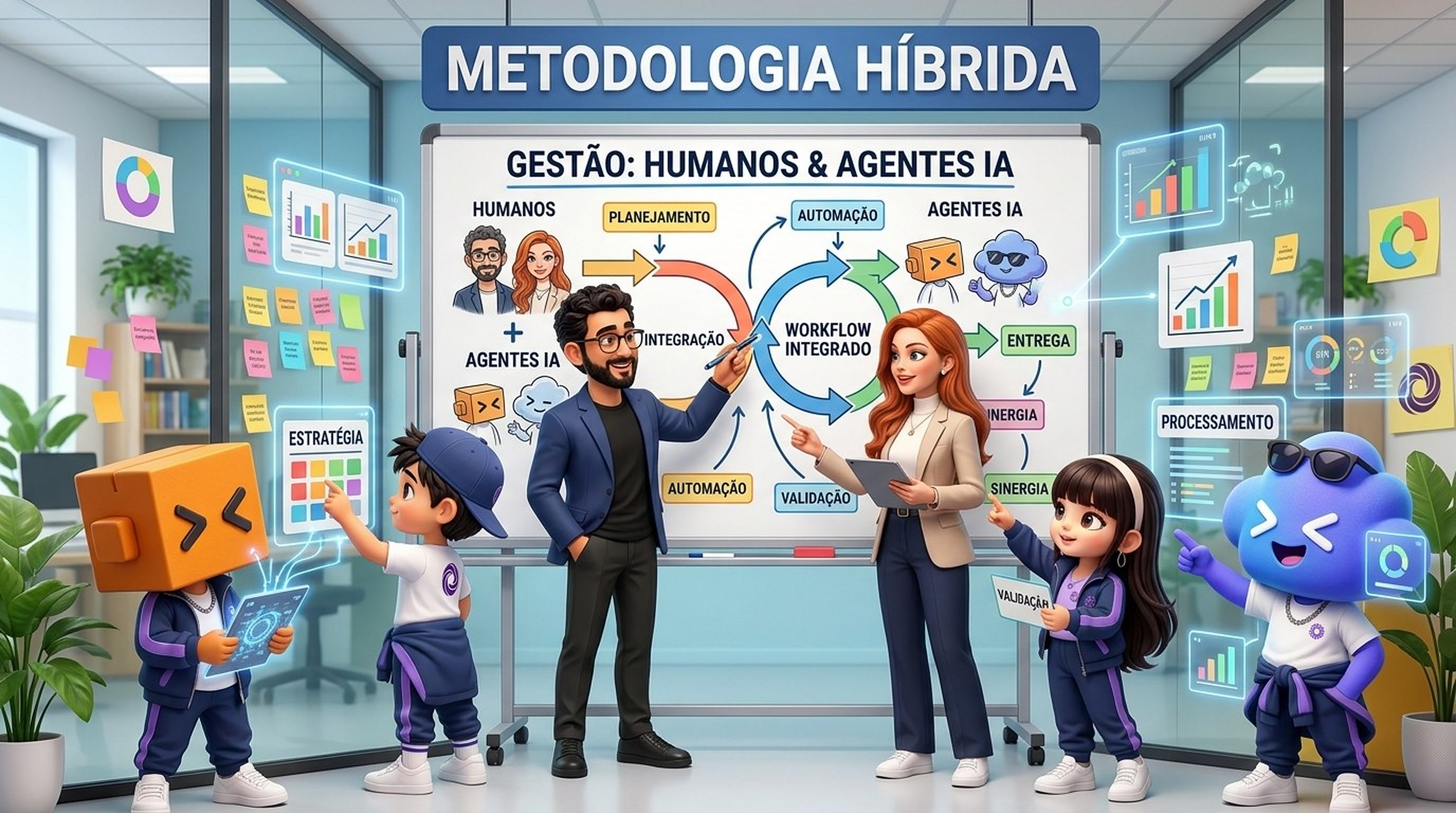 Pulse e Donna explicam no quadro a metodologia híbrida, com humanos e agentes de IA no mesmo fluxo