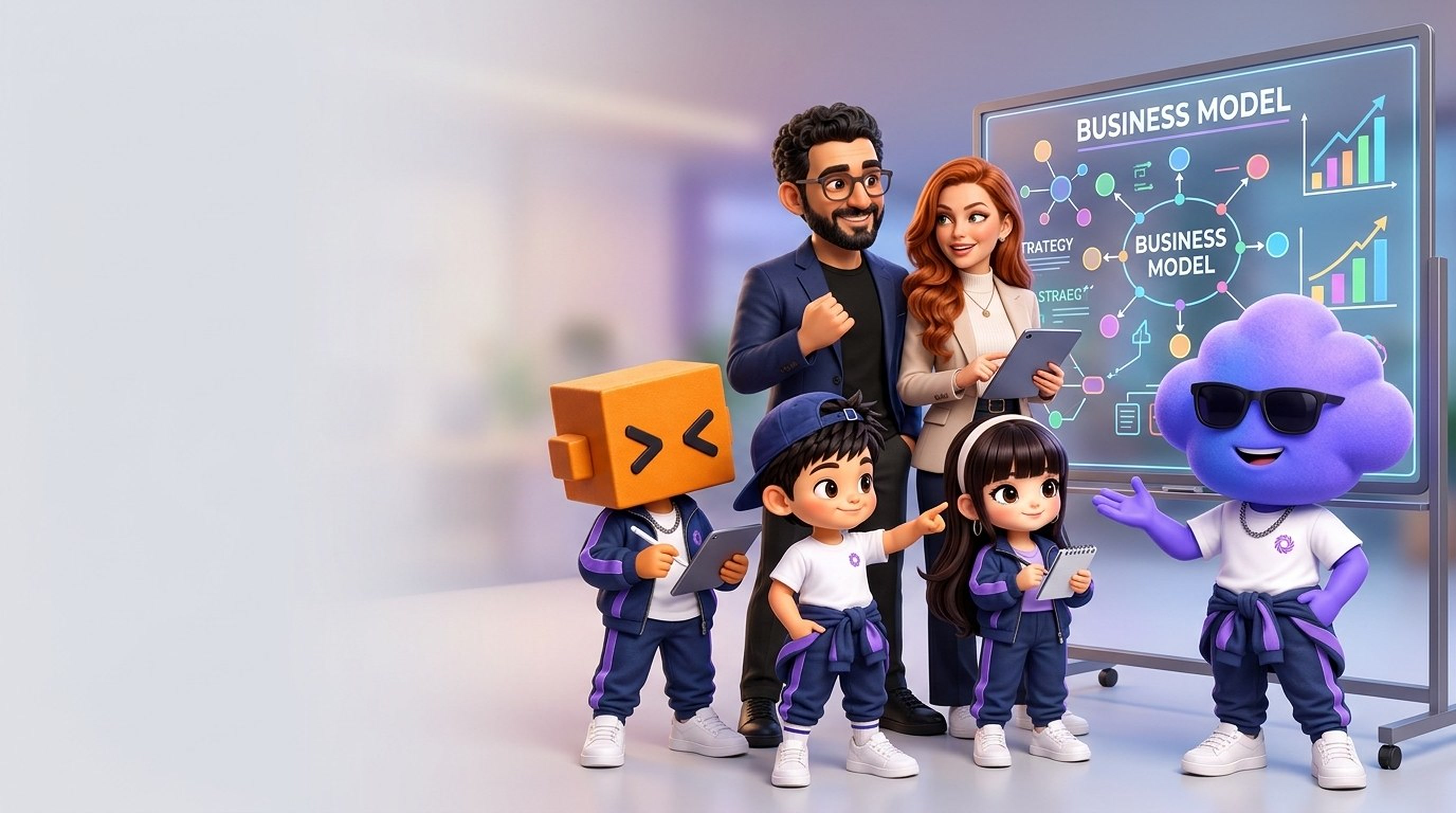 Pulse, Donna e os mascotinhos diante do quadro do modelo de negócio